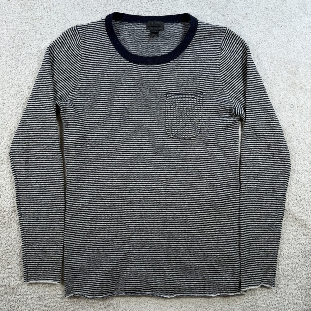 J Crew Sweater Womens Small Grey 100% Cashmere Striped Crewneck Pocket Italian